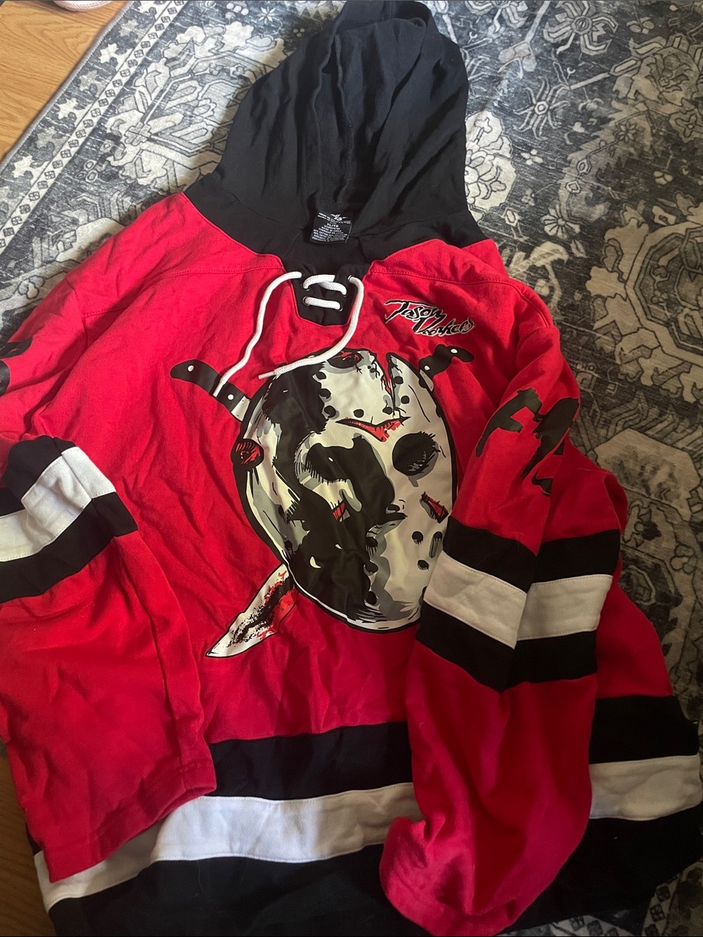Friday the 13th Jason sweater hockey red white black and red hoodie xl wore once